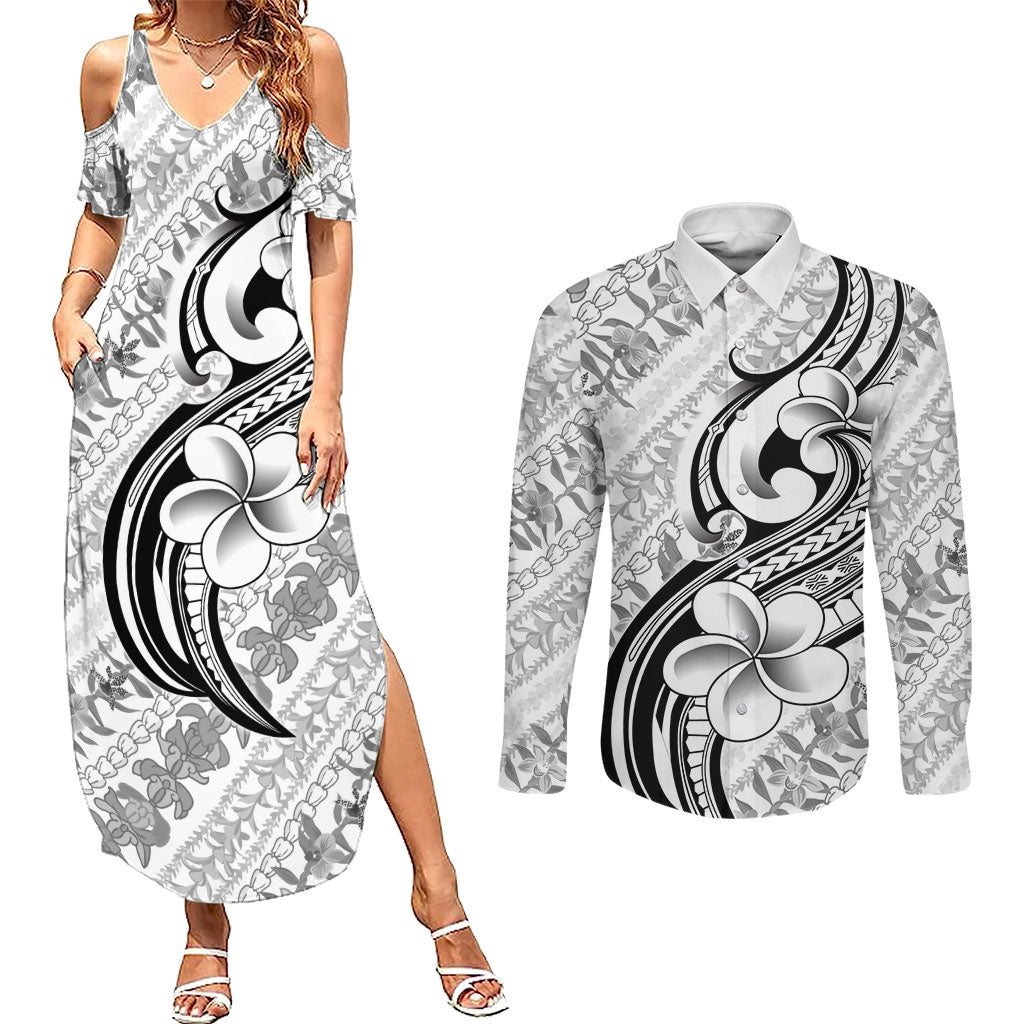 Hawaii Plumeria Lokelani Pikake Lei Couples Matching Summer Maxi Dress and Long Sleeve Button Shirt Ele'ele Polynesian Tattoo LT9 Black - Polynesian Pride