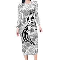 Hawaii Plumeria Lokelani Pikake Lei Family Matching Long Sleeve Bodycon Dress and Hawaiian Shirt Ele'ele Polynesian Tattoo LT9 Mom's Dress Black - Polynesian Pride