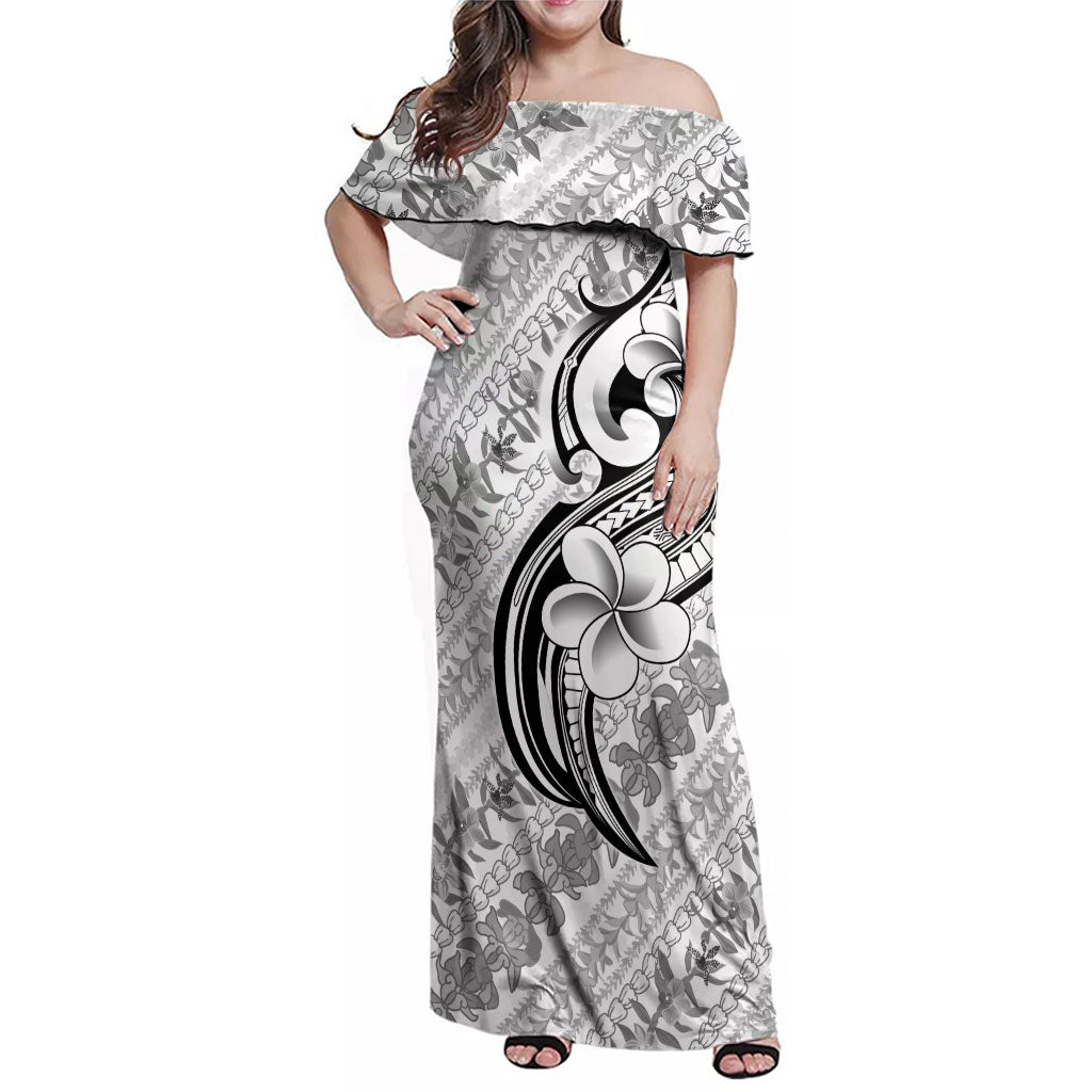 Hawaii Plumeria Lokelani Pikake Lei Family Matching Off Shoulder Maxi Dress and Hawaiian Shirt Ele'ele Polynesian Tattoo LT9 Mom's Dress Black - Polynesian Pride
