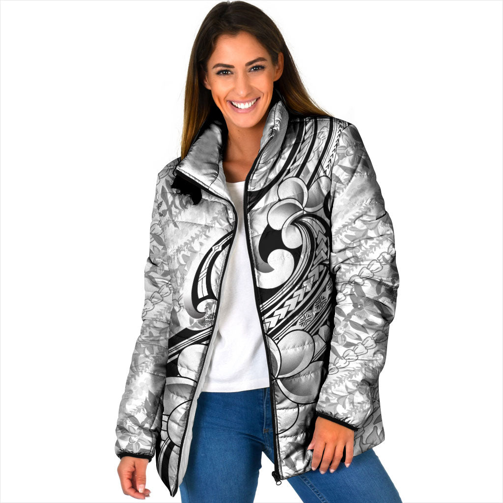 Hawaii Plumeria Lokelani Pikake Lei Padded Jacket Ele'ele Polynesian Tattoo LT9 Women Black - Polynesian Pride