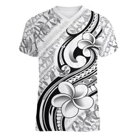 Hawaii Plumeria Lokelani Pikake Lei Women V-Neck T-Shirt Ele'ele Polynesian Tattoo LT9 Female Black - Polynesian Pride