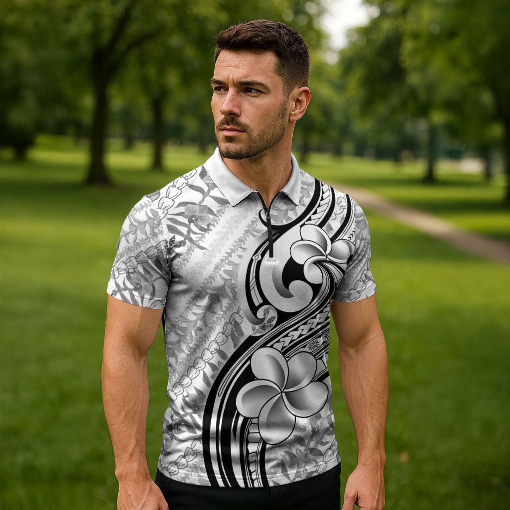 Hawaii Plumeria Lokelani Pikake Lei Zipper Polo Shirt Ele'ele Polynesian Tattoo