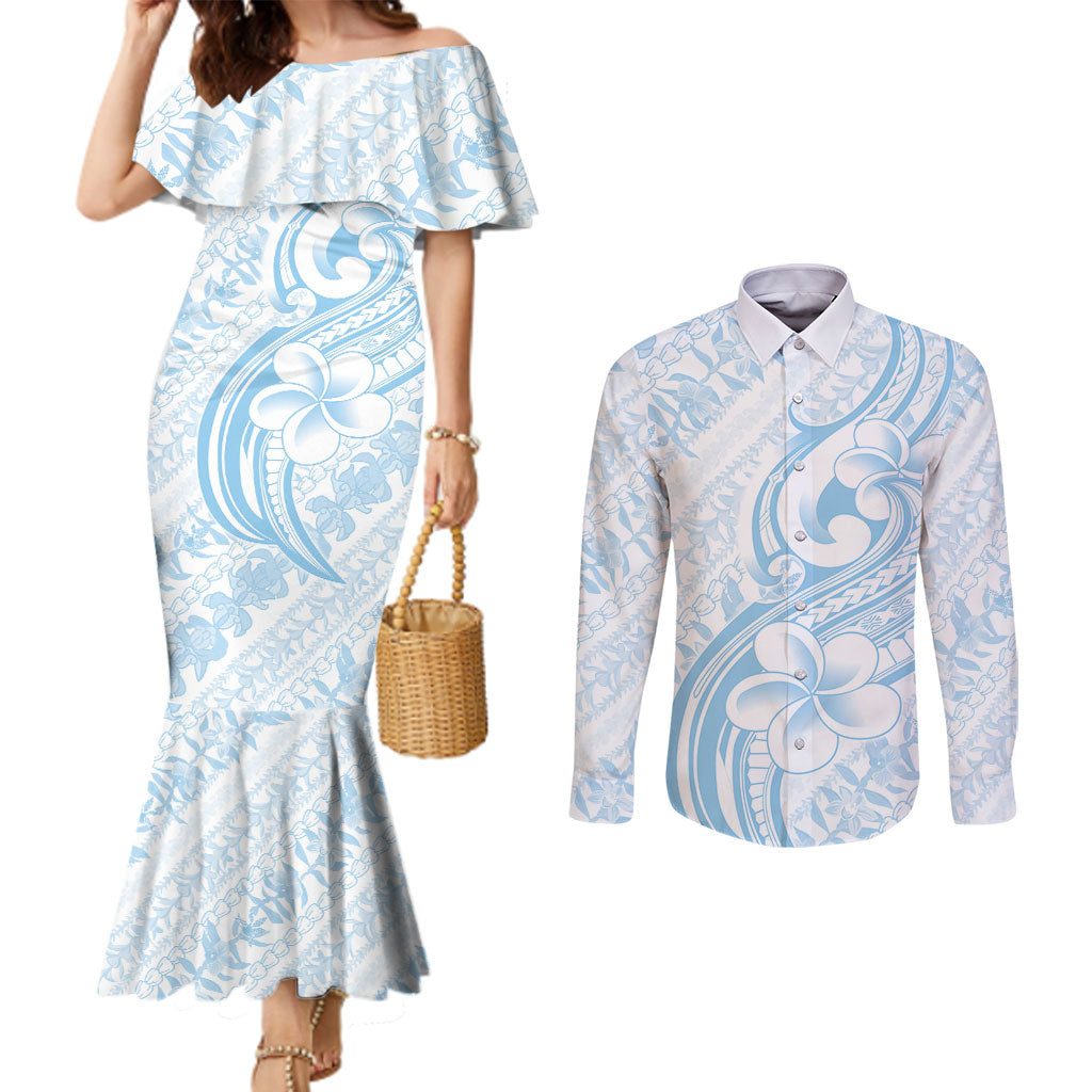 Hawaii Plumeria Lokelani Pikake Lei Couples Matching Mermaid Dress and Long Sleeve Button Shirt Uliuli Polynesian Tattoo LT9 Blue - Polynesian Pride