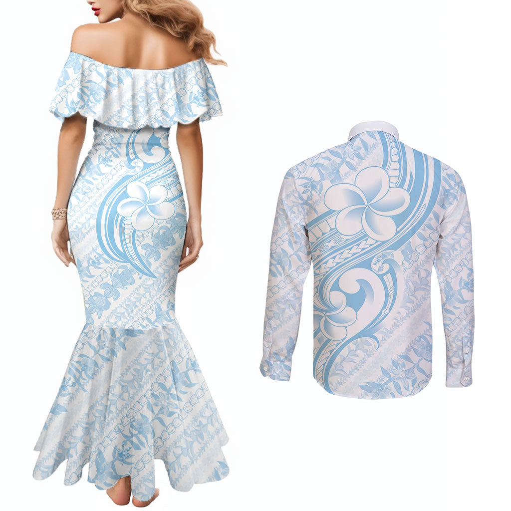 Hawaii Plumeria Lokelani Pikake Lei Couples Matching Mermaid Dress and Long Sleeve Button Shirt Uliuli Polynesian Tattoo LT9 - Polynesian Pride