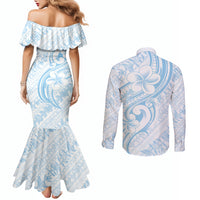 Hawaii Plumeria Lokelani Pikake Lei Couples Matching Mermaid Dress and Long Sleeve Button Shirt Uliuli Polynesian Tattoo LT9 - Polynesian Pride