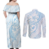 Hawaii Plumeria Lokelani Pikake Lei Couples Matching Off Shoulder Maxi Dress and Long Sleeve Button Shirt Uliuli Polynesian Tattoo LT9 - Polynesian Pride
