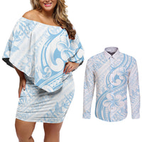 Hawaii Plumeria Lokelani Pikake Lei Couples Matching Off Shoulder Short Dress and Long Sleeve Button Shirt Uliuli Polynesian Tattoo LT9 Blue - Polynesian Pride