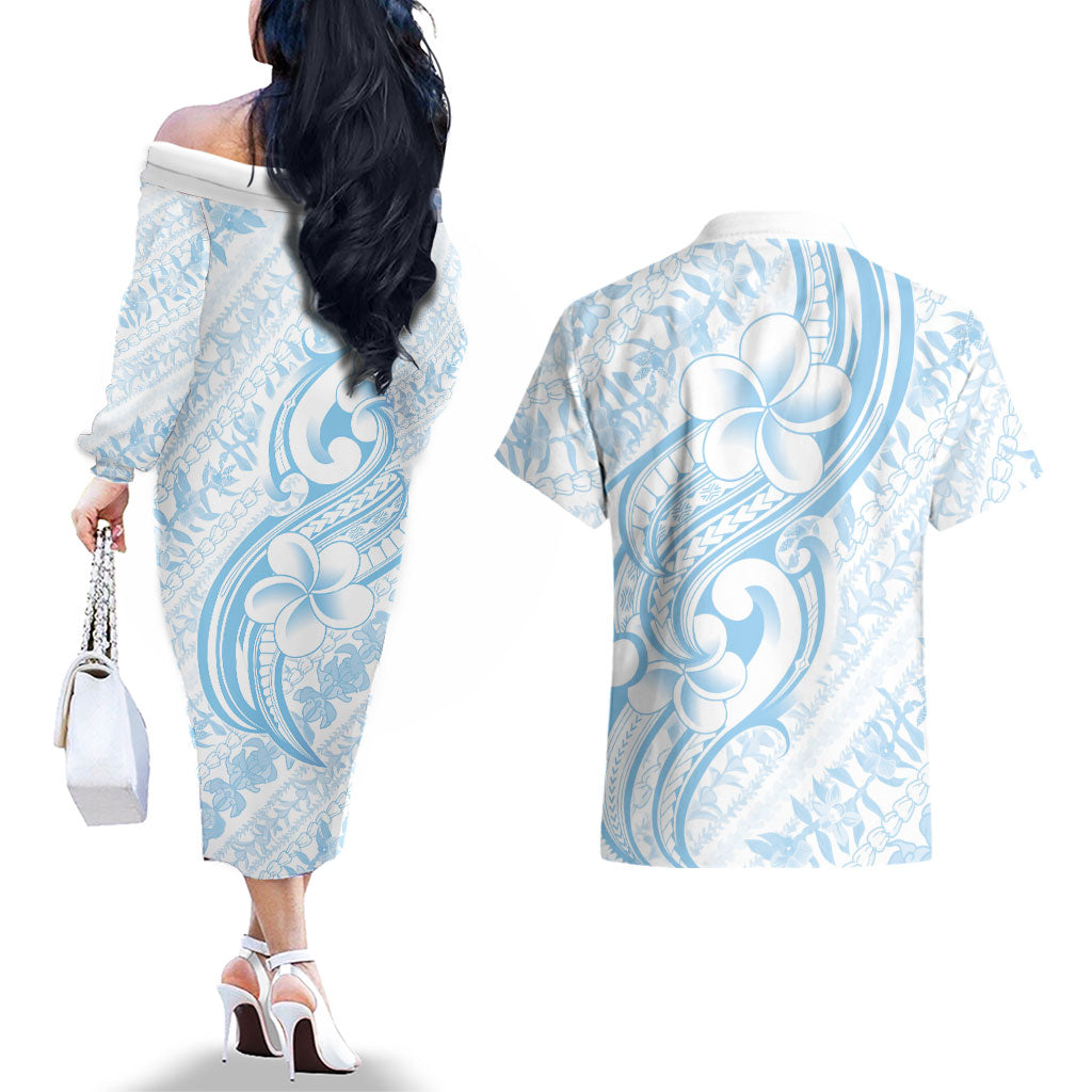 Hawaii Plumeria Lokelani Pikake Lei Couples Matching Off The Shoulder Long Sleeve Dress and Hawaiian Shirt Uliuli Polynesian Tattoo LT9 - Polynesian Pride