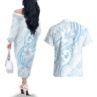Hawaii Plumeria Lokelani Pikake Lei Couples Matching Off The Shoulder Long Sleeve Dress and Hawaiian Shirt Uliuli Polynesian Tattoo LT9 - Polynesian Pride