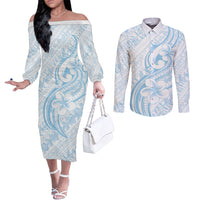 Hawaii Plumeria Lokelani Pikake Lei Couples Matching Off The Shoulder Long Sleeve Dress and Long Sleeve Button Shirt Uliuli Polynesian Tattoo LT9 Blue - Polynesian Pride