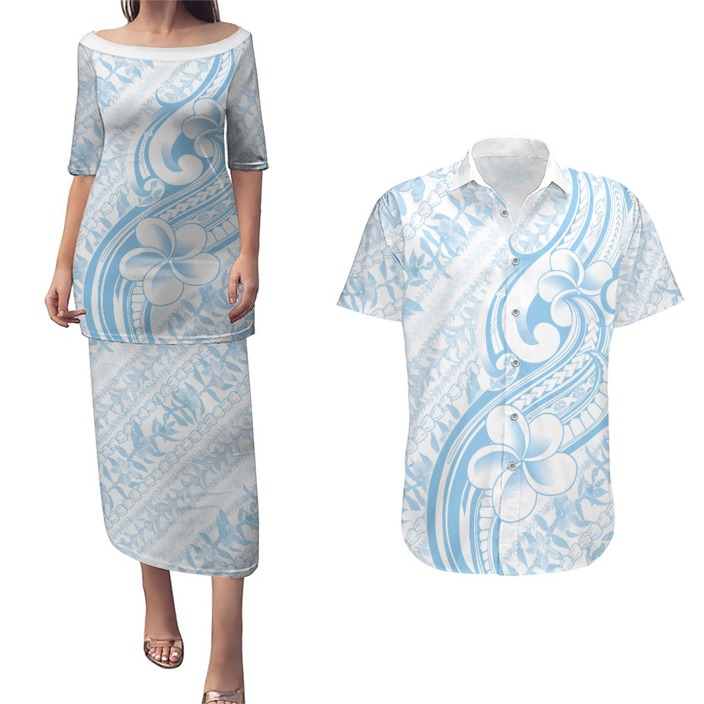 Hawaii Plumeria Lokelani Pikake Lei Couples Matching Puletasi and Hawaiian Shirt Uliuli Polynesian Tattoo LT9 Blue - Polynesian Pride