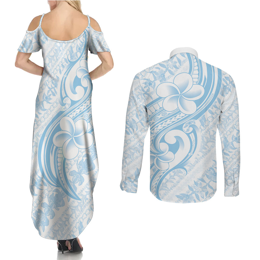 Hawaii Plumeria Lokelani Pikake Lei Couples Matching Summer Maxi Dress and Long Sleeve Button Shirt Uliuli Polynesian Tattoo LT9 - Polynesian Pride