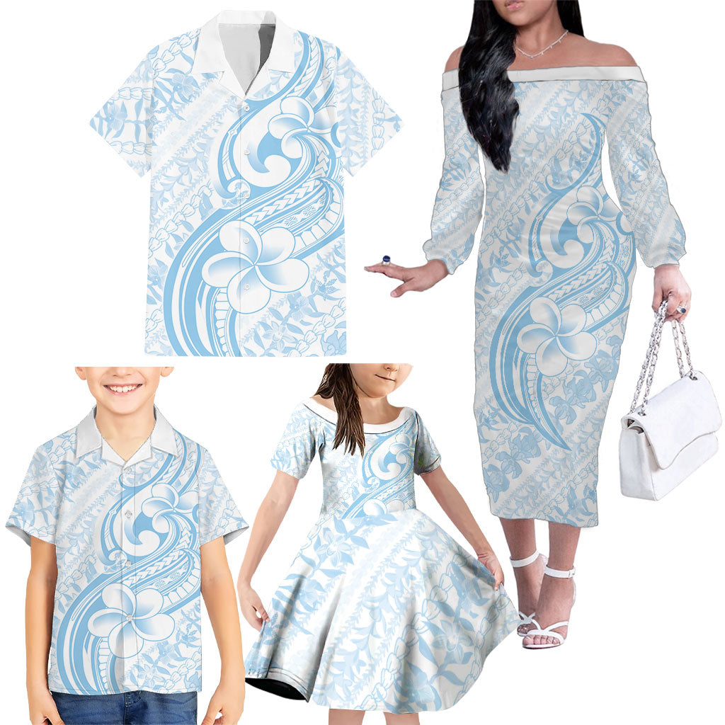 Hawaii Plumeria Lokelani Pikake Lei Family Matching Off The Shoulder Long Sleeve Dress and Hawaiian Shirt Uliuli Polynesian Tattoo LT9 - Polynesian Pride