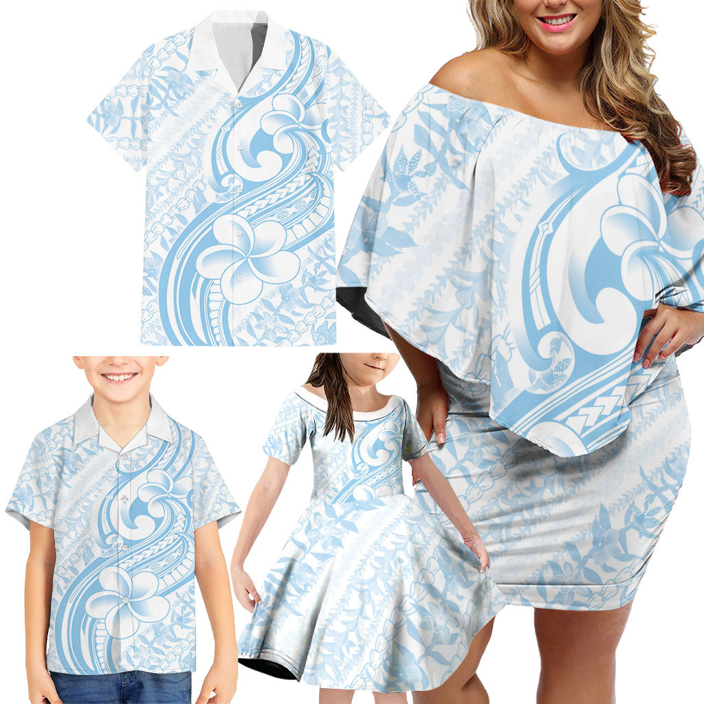 Hawaii Plumeria Lokelani Pikake Lei Family Matching Off Shoulder Short Dress and Hawaiian Shirt Uliuli Polynesian Tattoo