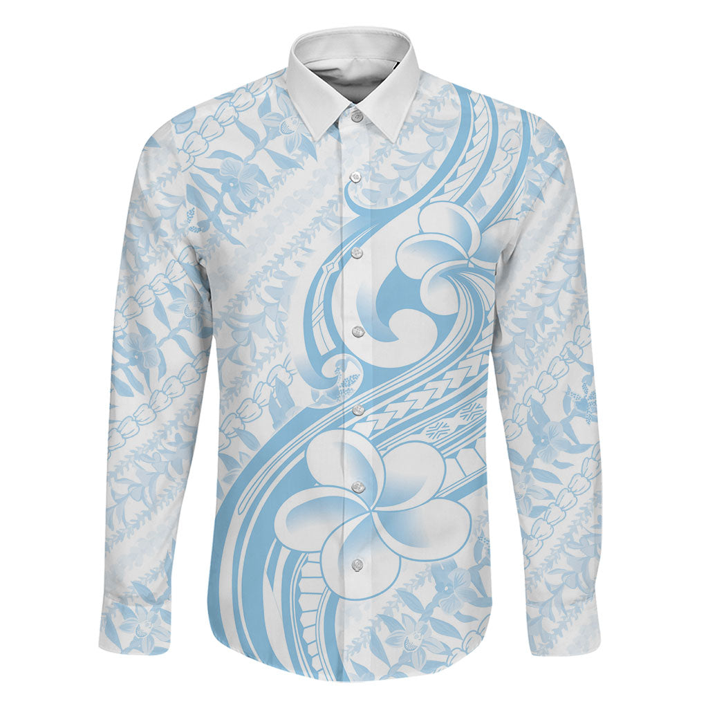 Hawaii Plumeria Lokelani Pikake Lei Family Matching Off Shoulder Short Dress and Hawaiian Shirt Uliuli Polynesian Tattoo LT9 Dad's Shirt - Long Sleeve Blue - Polynesian Pride