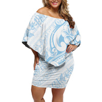 Hawaii Plumeria Lokelani Pikake Lei Family Matching Off Shoulder Short Dress and Hawaiian Shirt Uliuli Polynesian Tattoo LT9 Mom's Dress Blue - Polynesian Pride