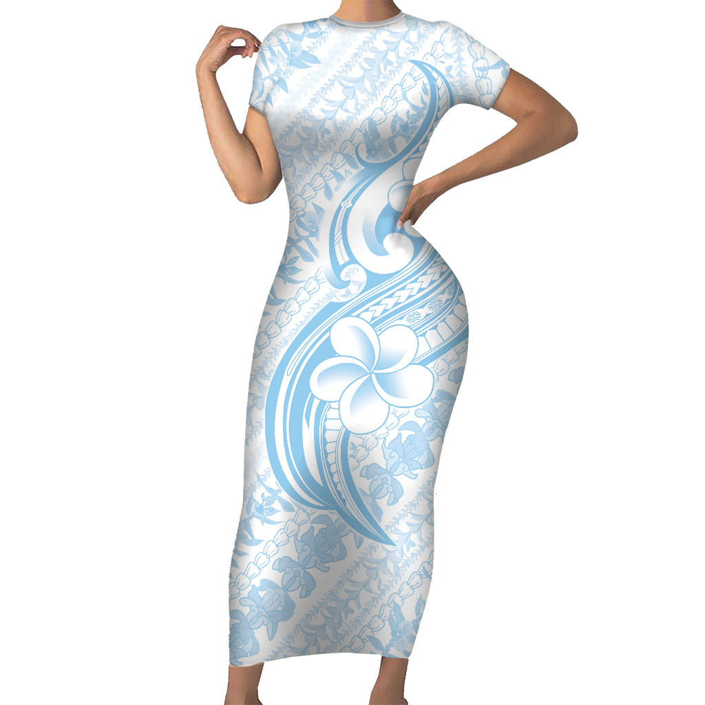 Hawaii Plumeria Lokelani Pikake Lei Family Matching Short Sleeve Bodycon Dress and Hawaiian Shirt Uliuli Polynesian Tattoo LT9 Mom's Dress Blue - Polynesian Pride