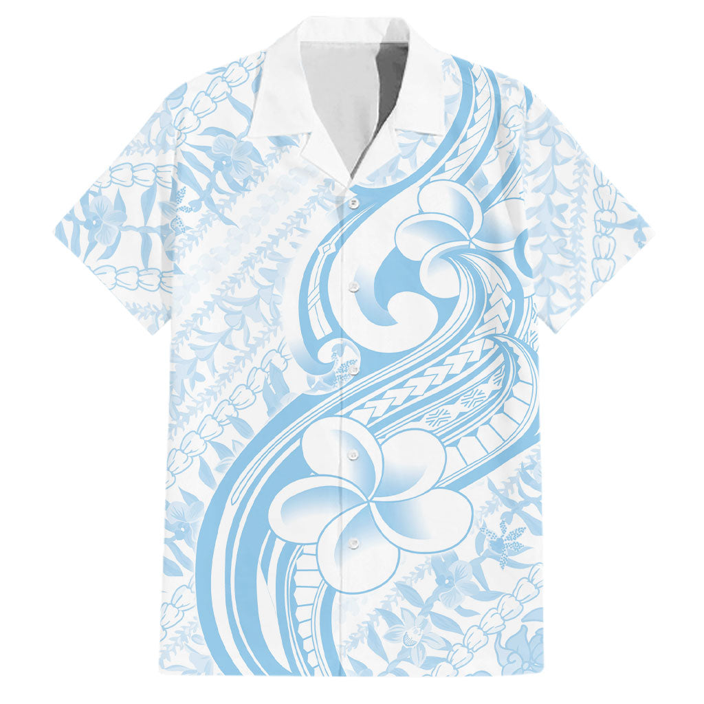 Hawaii Plumeria Lokelani Pikake Lei Family Matching Summer Maxi Dress and Hawaiian Shirt Uliuli Polynesian Tattoo LT9 Dad's Shirt - Short Sleeve Blue - Polynesian Pride