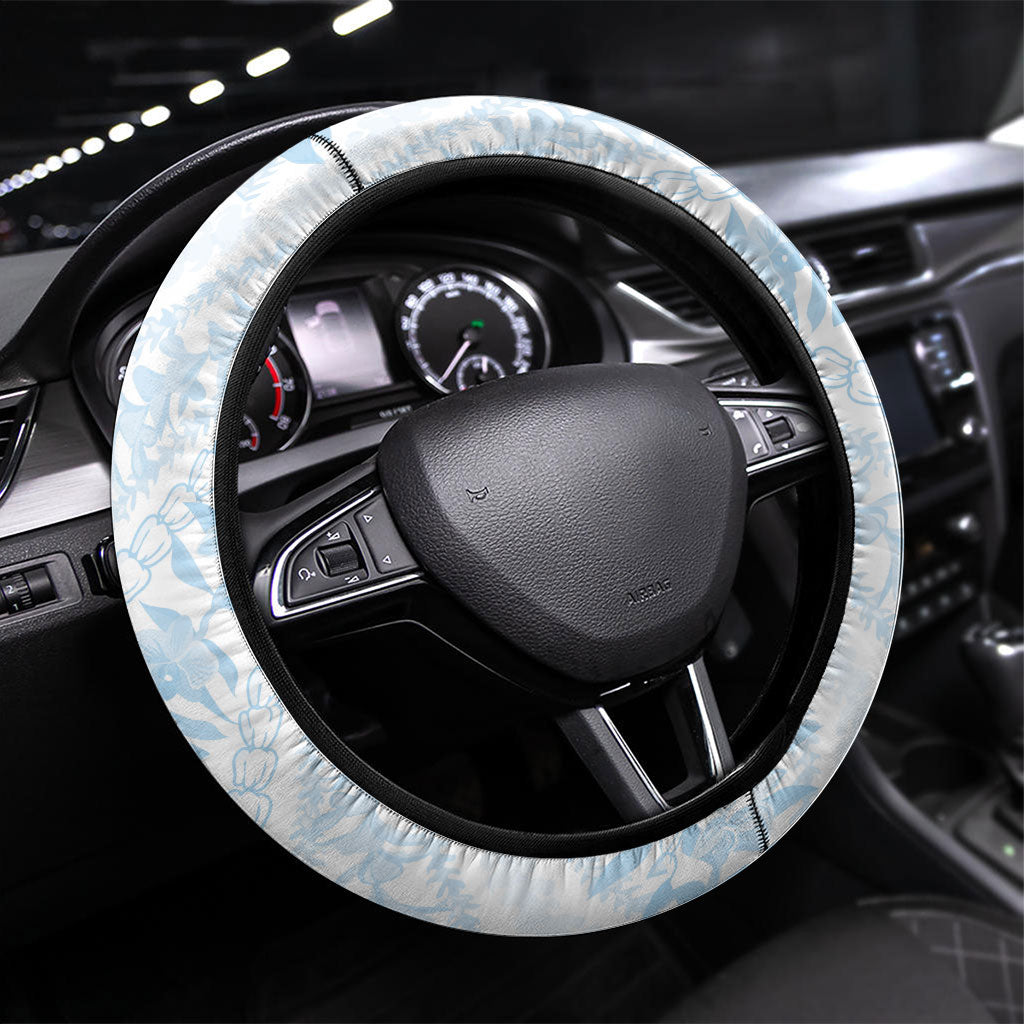 Hawaii Plumeria Lokelani Pikake Lei Steering Wheel Cover Uliuli Polynesian Tattoo LT9 Universal Fit Blue - Polynesian Pride
