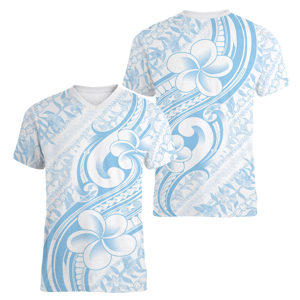 Hawaii Plumeria Lokelani Pikake Lei Women V-Neck T-Shirt Uliuli Polynesian Tattoo LT9 - Polynesian Pride