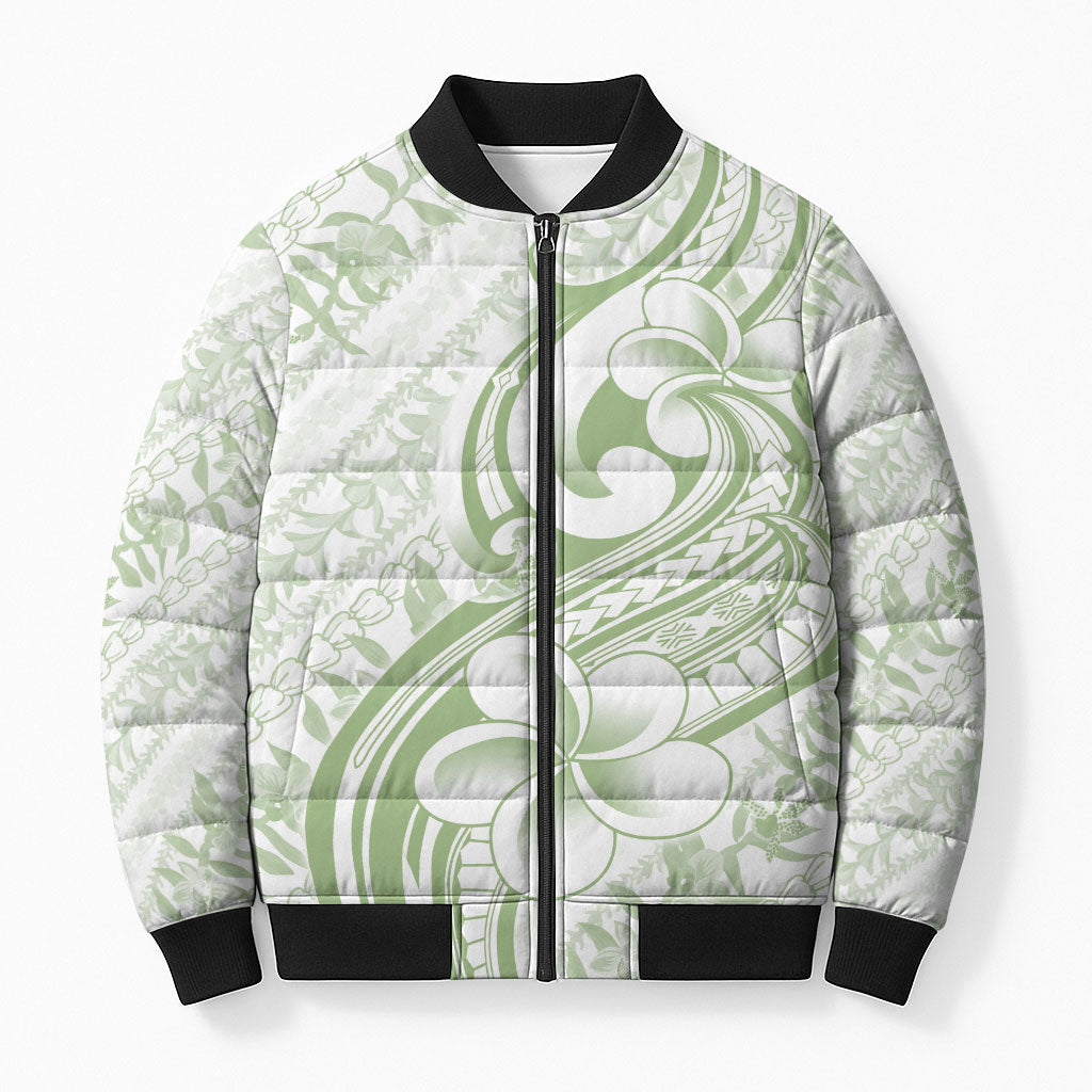 Hawaii Plumeria Lokelani Pikake Lei Bomber Puffer Jacket Oma'oma'o Polynesian Tattoo
