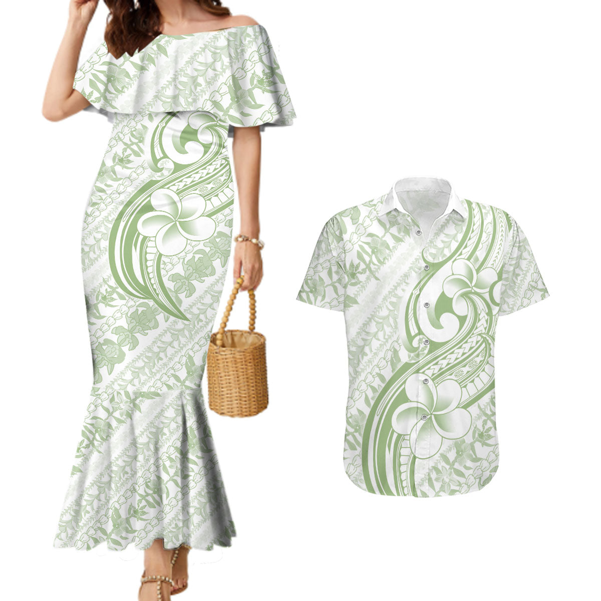 Hawaii Plumeria Lokelani Pikake Lei Couples Matching Mermaid Dress and Hawaiian Shirt Oma'oma'o Polynesian Tattoo LT9 Green - Polynesian Pride