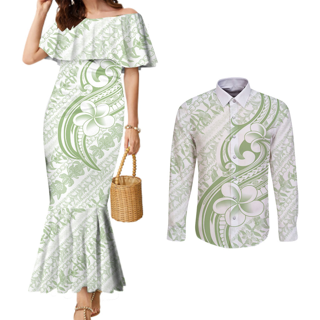 Hawaii Plumeria Lokelani Pikake Lei Couples Matching Mermaid Dress and Long Sleeve Button Shirt Oma'oma'o Polynesian Tattoo LT9 Green - Polynesian Pride