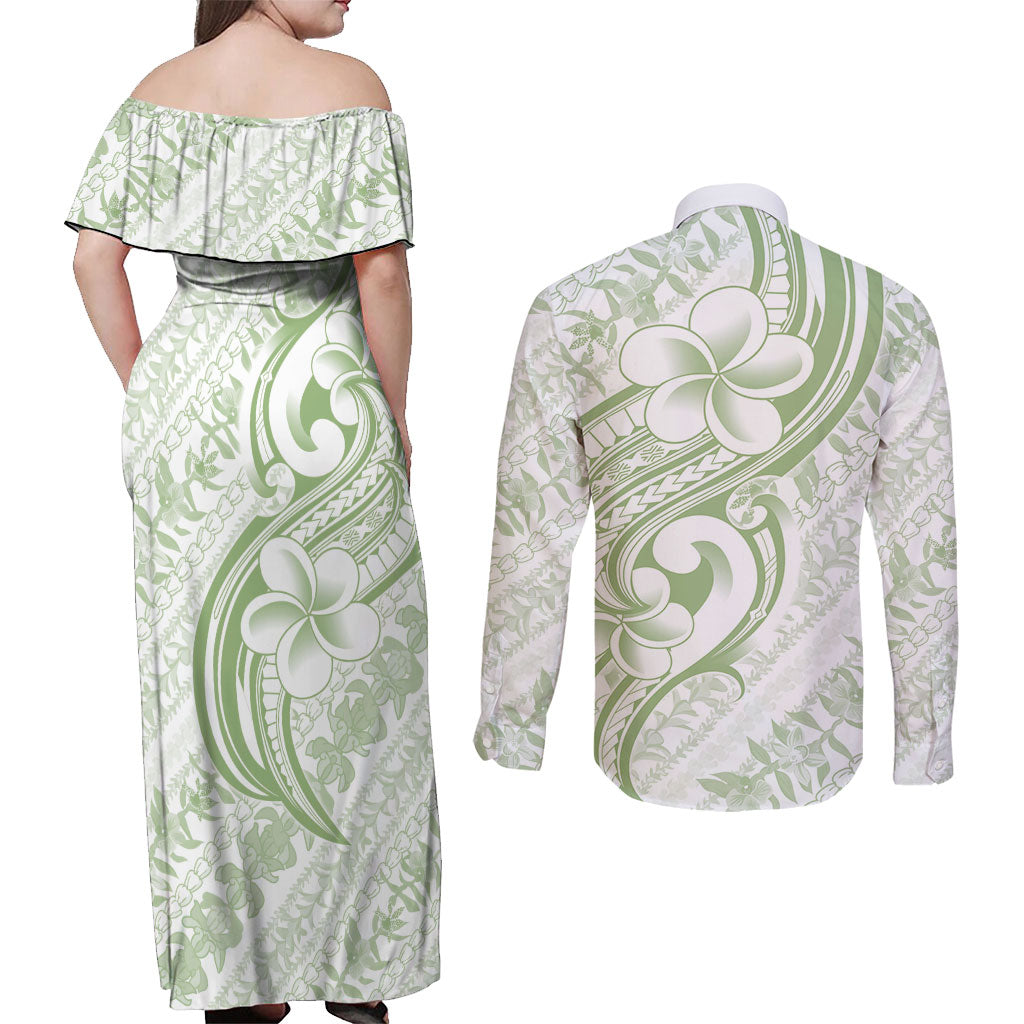 Hawaii Plumeria Lokelani Pikake Lei Couples Matching Off Shoulder Maxi Dress and Long Sleeve Button Shirt Oma'oma'o Polynesian Tattoo LT9 - Polynesian Pride