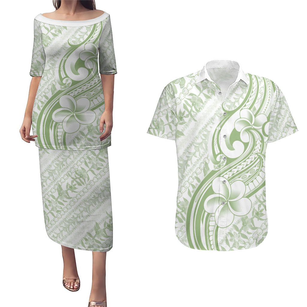 Hawaii Plumeria Lokelani Pikake Lei Couples Matching Puletasi and Hawaiian Shirt Oma'oma'o Polynesian Tattoo LT9 Green - Polynesian Pride