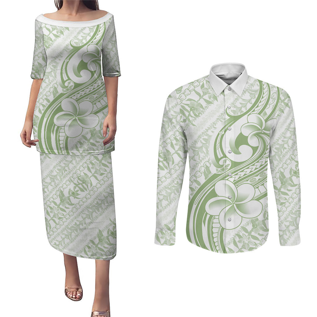 Hawaii Plumeria Lokelani Pikake Lei Couples Matching Puletasi and Long Sleeve Button Shirt Oma'oma'o Polynesian Tattoo LT9 Green - Polynesian Pride