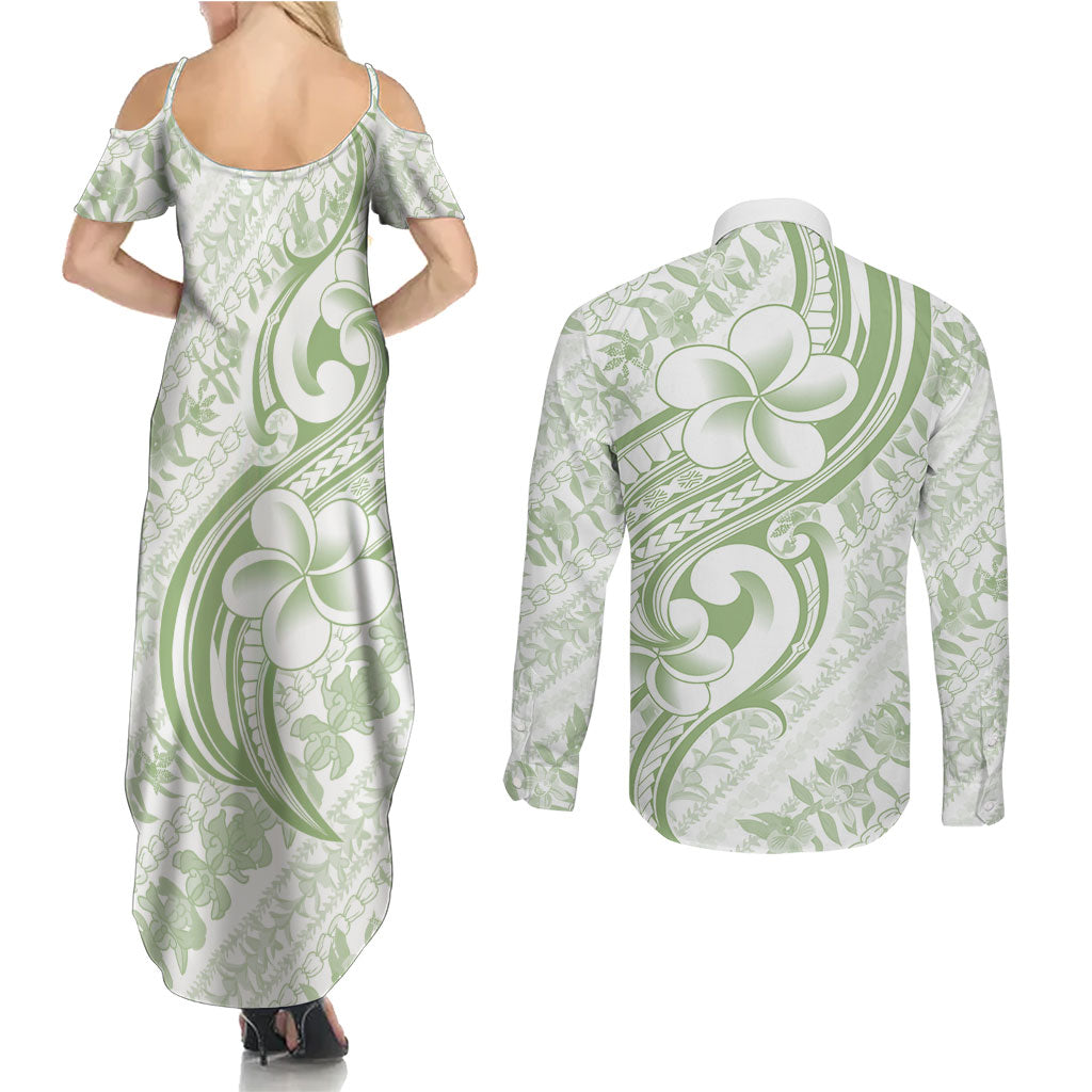 Hawaii Plumeria Lokelani Pikake Lei Couples Matching Summer Maxi Dress and Long Sleeve Button Shirt Oma'oma'o Polynesian Tattoo LT9 - Polynesian Pride