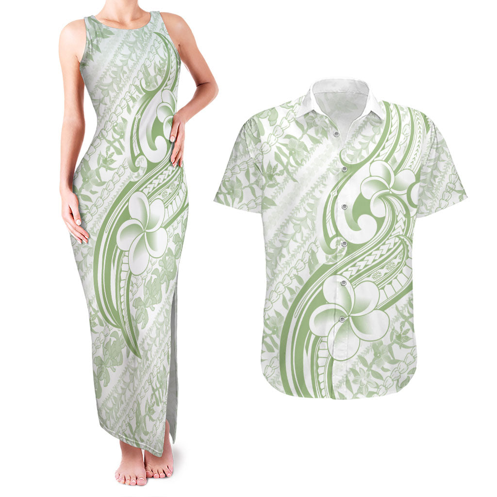 Hawaii Plumeria Lokelani Pikake Lei Couples Matching Tank Maxi Dress and Hawaiian Shirt Oma'oma'o Polynesian Tattoo