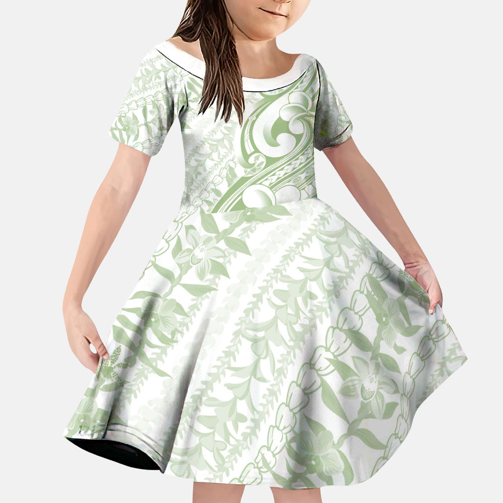 Hawaii Plumeria Lokelani Pikake Lei Family Matching Long Sleeve Bodycon Dress and Hawaiian Shirt Oma'oma'o Polynesian Tattoo LT9 Daughter's Dress Green - Polynesian Pride