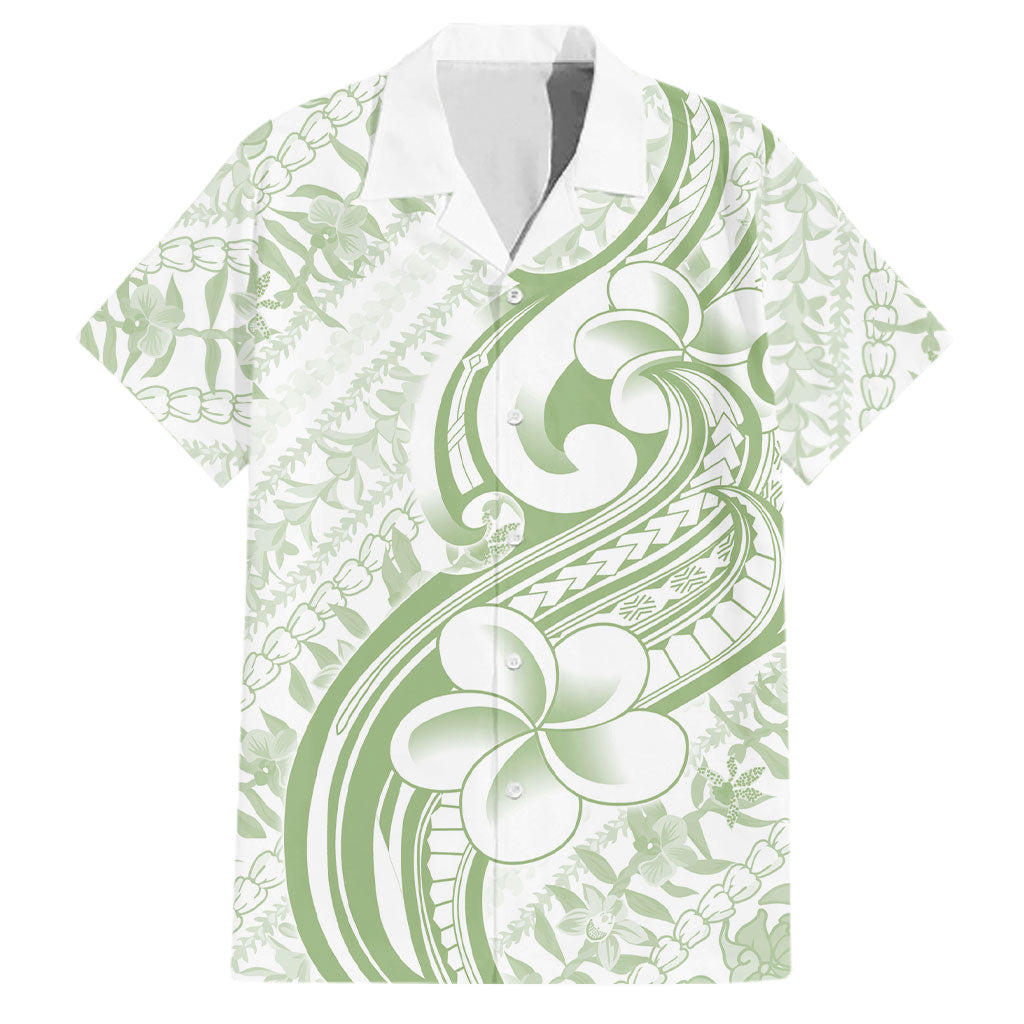 Hawaii Plumeria Lokelani Pikake Lei Family Matching Off The Shoulder Long Sleeve Dress and Hawaiian Shirt Oma'oma'o Polynesian Tattoo LT9 Dad's Shirt - Short Sleeve Green - Polynesian Pride