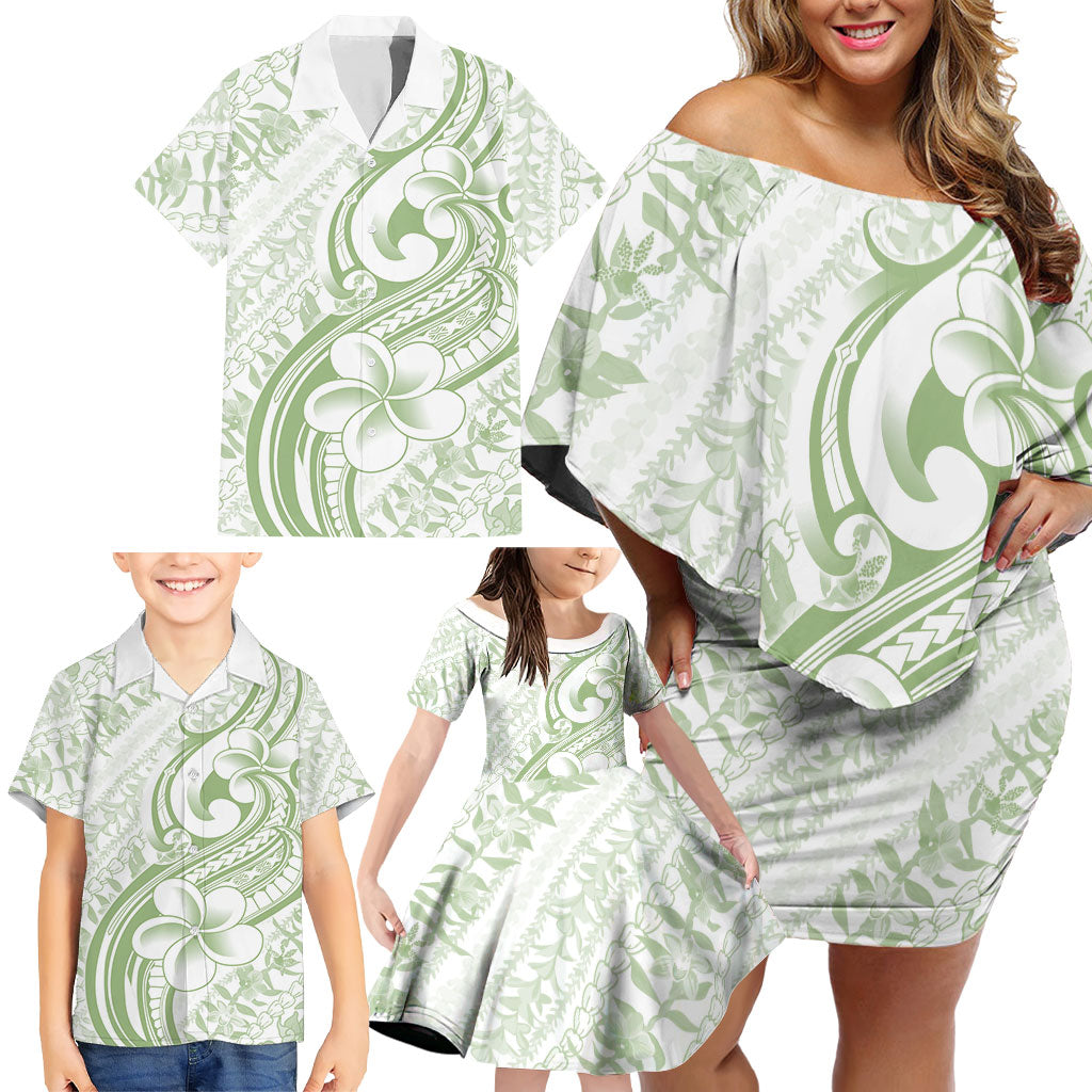 Hawaii Plumeria Lokelani Pikake Lei Family Matching Off Shoulder Short Dress and Hawaiian Shirt Oma'oma'o Polynesian Tattoo LT9 - Polynesian Pride