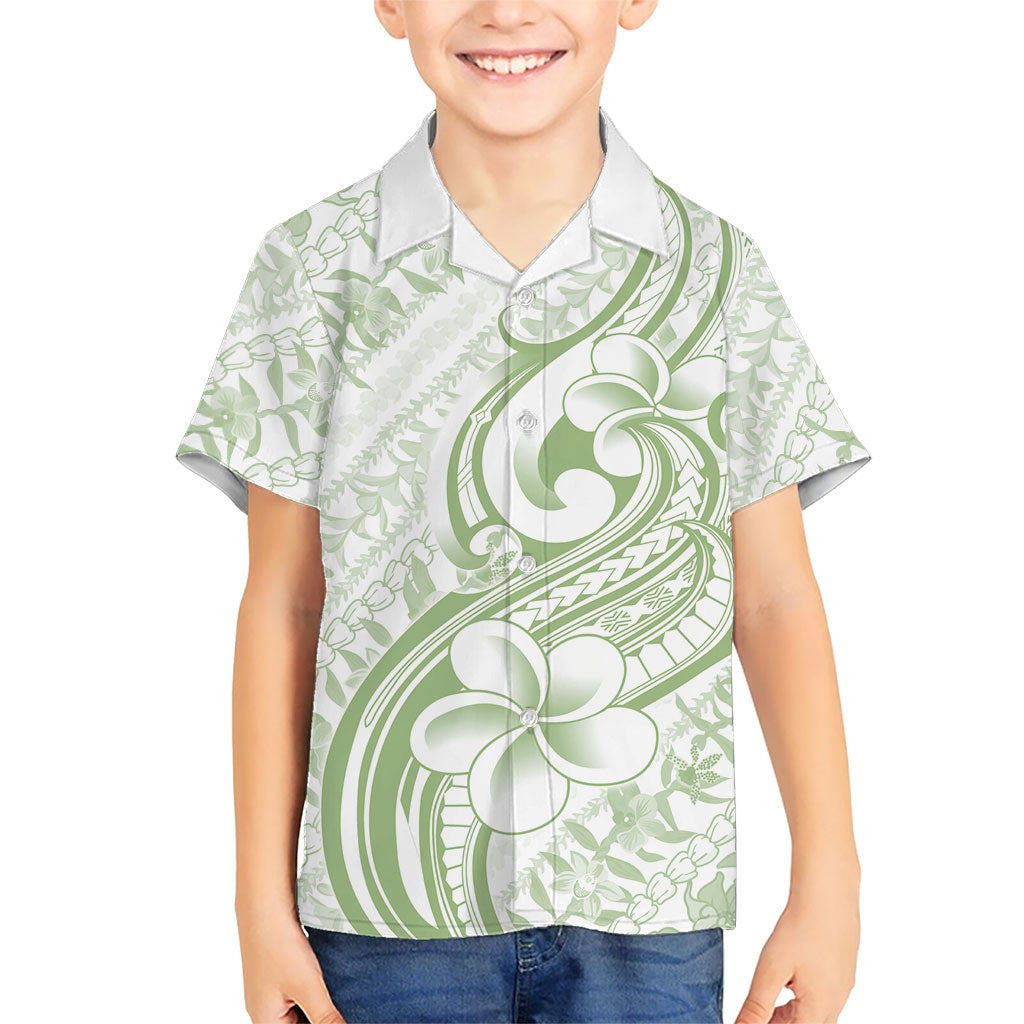 Hawaii Plumeria Lokelani Pikake Lei Family Matching Summer Maxi Dress and Hawaiian Shirt Oma'oma'o Polynesian Tattoo LT9 Son's Shirt Green - Polynesian Pride