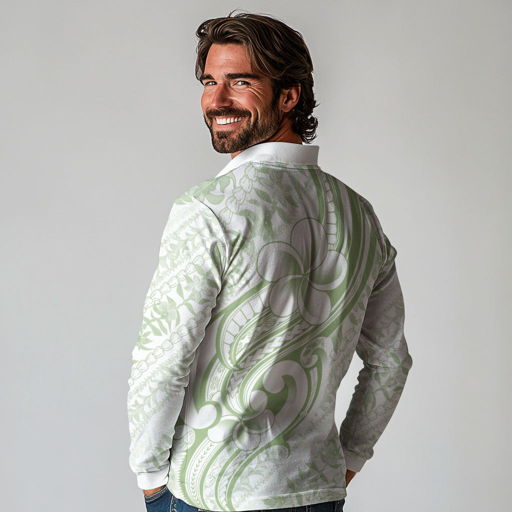 Hawaii Plumeria Lokelani Pikake Lei Long Sleeve Polo Shirt Oma'oma'o Polynesian Tattoo LT9 - Polynesian Pride