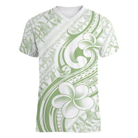 Hawaii Plumeria Lokelani Pikake Lei Women V-Neck T-Shirt Oma'oma'o Polynesian Tattoo LT9 Female Green - Polynesian Pride