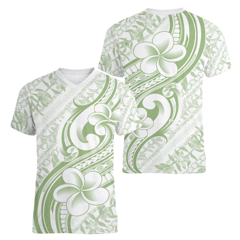 Hawaii Plumeria Lokelani Pikake Lei Women V-Neck T-Shirt Oma'oma'o Polynesian Tattoo LT9 - Polynesian Pride