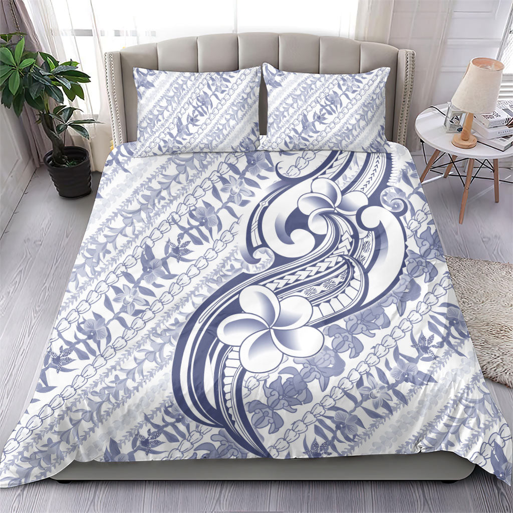 Hawaii Plumeria Lokelani Pikake Lei Bedding Set Navy Blue Polynesian Tattoo