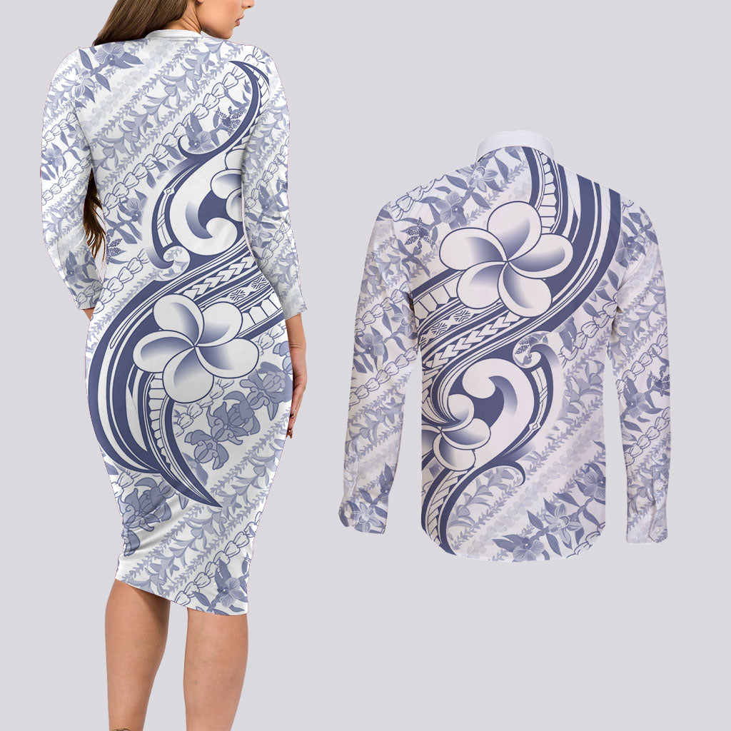 Hawaii Plumeria Lokelani Pikake Lei Couples Matching Long Sleeve Bodycon Dress and Long Sleeve Button Shirt Navy Blue Polynesian Tattoo LT9 - Polynesian Pride