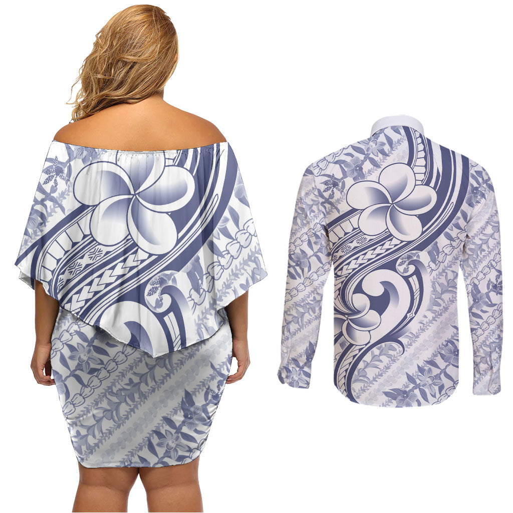 Hawaii Plumeria Lokelani Pikake Lei Couples Matching Off Shoulder Short Dress and Long Sleeve Button Shirt Navy Blue Polynesian Tattoo LT9 - Polynesian Pride