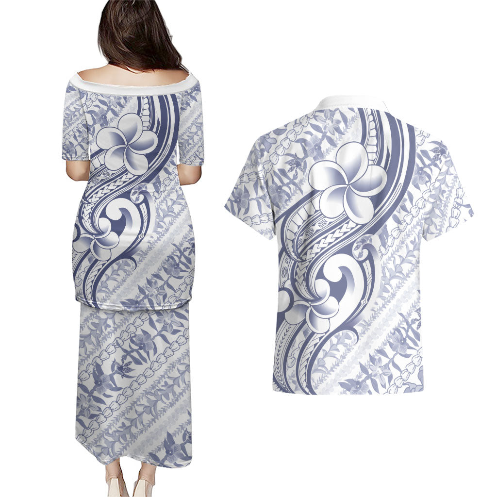 Hawaii Plumeria Lokelani Pikake Lei Couples Matching Puletasi and Hawaiian Shirt Navy Blue Polynesian Tattoo LT9 - Polynesian Pride