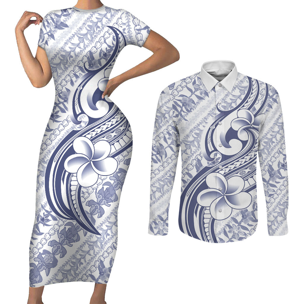 Hawaii Plumeria Lokelani Pikake Lei Couples Matching Short Sleeve Bodycon Dress and Long Sleeve Button Shirt Navy Blue Polynesian Tattoo LT9 Navy Blue - Polynesian Pride