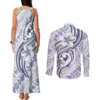 Hawaii Plumeria Lokelani Pikake Lei Couples Matching Tank Maxi Dress and Long Sleeve Button Shirt Navy Blue Polynesian Tattoo LT9 - Polynesian Pride
