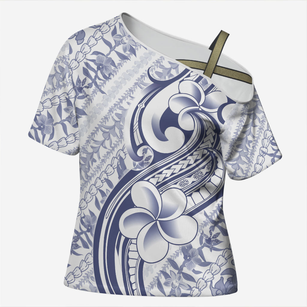Hawaii Plumeria Lokelani Pikake Lei Cross Shoulder Shirt Navy Blue Polynesian Tattoo