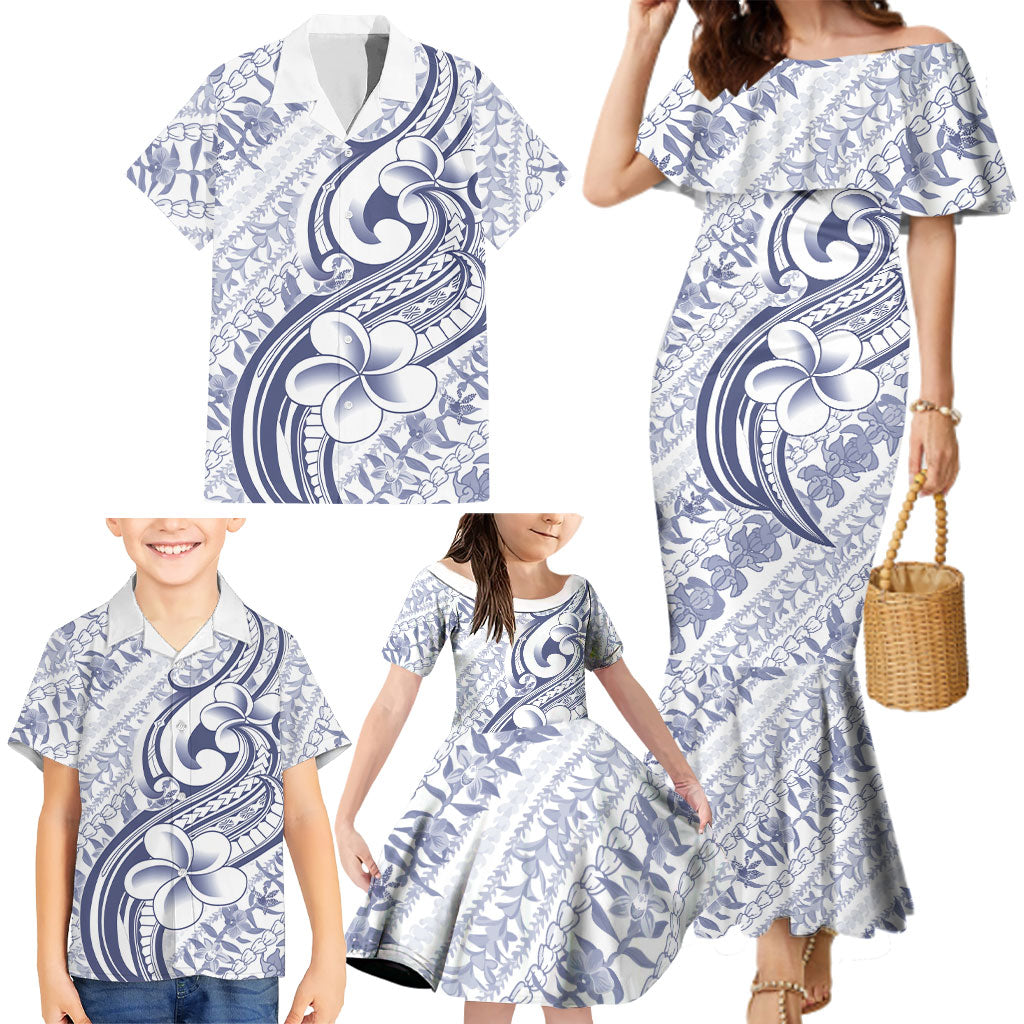Hawaii Plumeria Lokelani Pikake Lei Family Matching Mermaid Dress and Hawaiian Shirt Navy Blue Polynesian Tattoo LT9 - Polynesian Pride