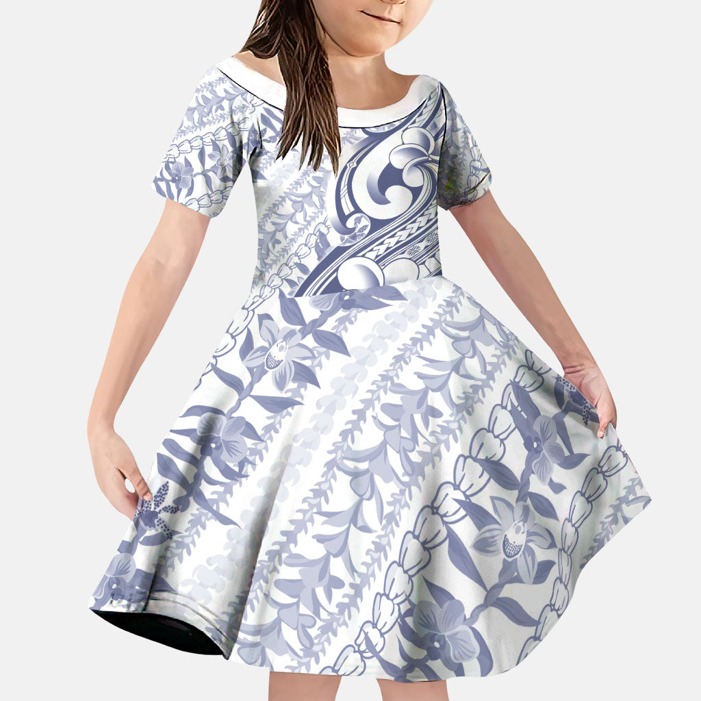 Hawaii Plumeria Lokelani Pikake Lei Family Matching Off Shoulder Maxi Dress and Hawaiian Shirt Navy Blue Polynesian Tattoo LT9 Daughter's Dress Navy Blue - Polynesian Pride