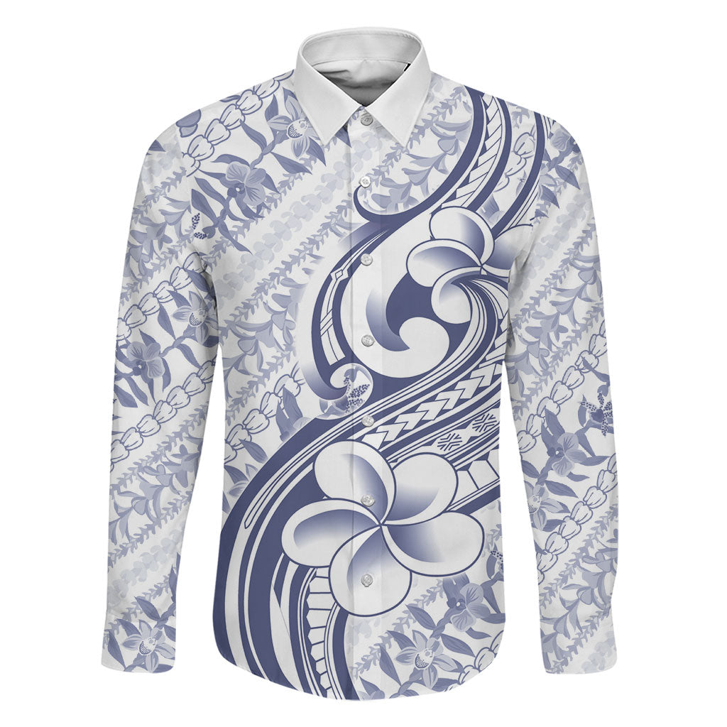 Hawaii Plumeria Lokelani Pikake Lei Family Matching Off Shoulder Maxi Dress and Hawaiian Shirt Navy Blue Polynesian Tattoo LT9 Dad's Shirt - Long Sleeve Navy Blue - Polynesian Pride