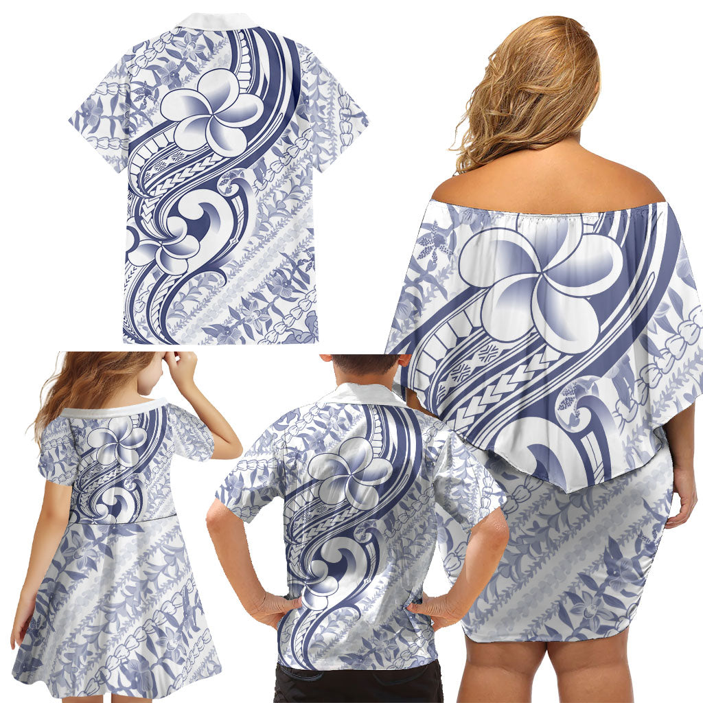 Hawaii Plumeria Lokelani Pikake Lei Family Matching Off Shoulder Short Dress and Hawaiian Shirt Navy Blue Polynesian Tattoo LT9 - Polynesian Pride